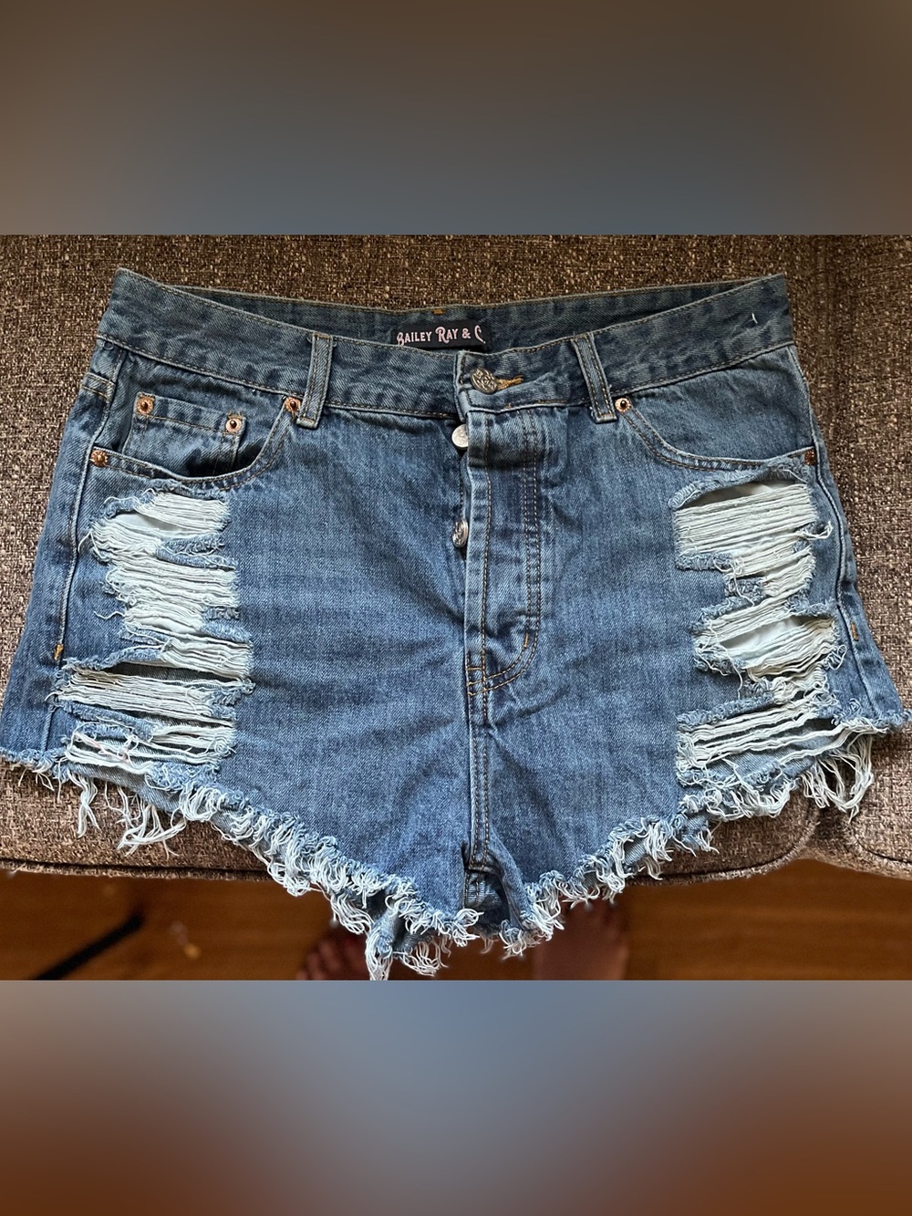 Bailey Ray & Co. High-Rise Distressed Jean Shorts in Blue..14